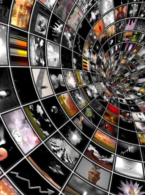 A wall of media screens representing broadcast content distribution.